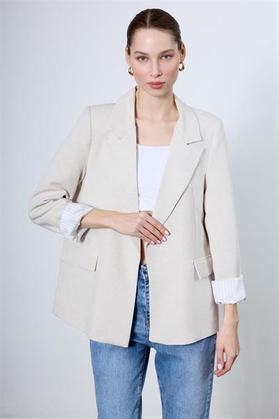 9158 ÇİZGİLİ ASTARLI KETEN CEKET TAŞ