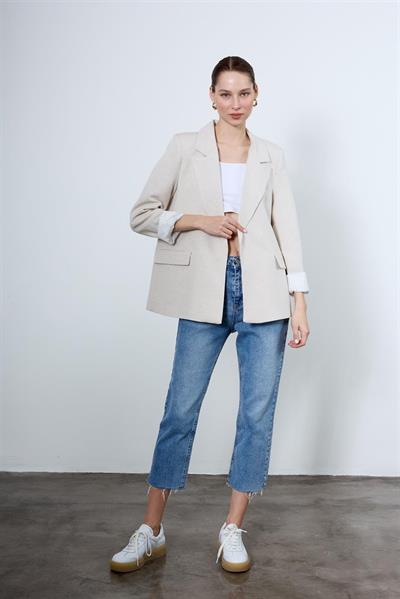 9158 ÇİZGİLİ ASTARLI KETEN CEKET TAŞ