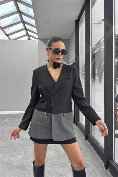 9457 ÇİZGİLİ GARNİLİ CEKET SİYAH-GRİ