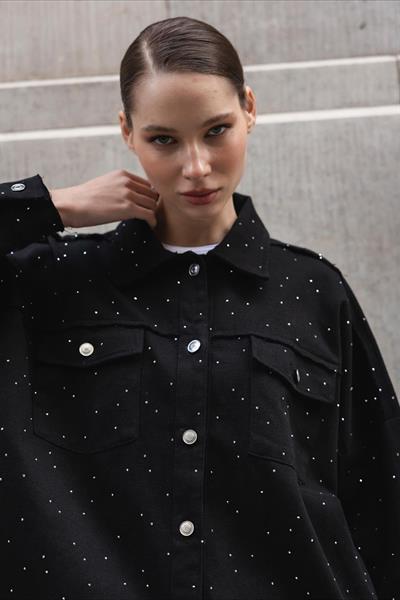 9566 GABARDİN TAŞLI CEKET SİYAH