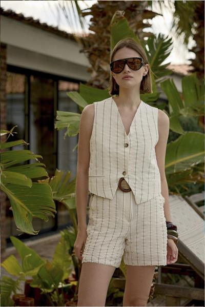 9578 YELEK KEMERLİ ŞORT TAKIM EKRU