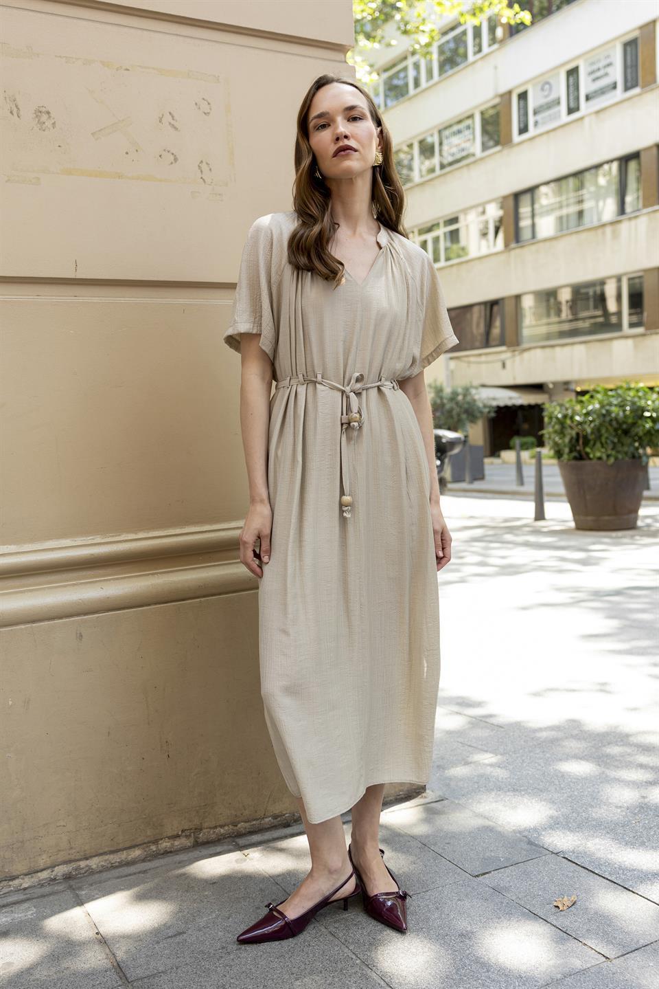 3305 KISA KOLLU ELBİSE BEJ