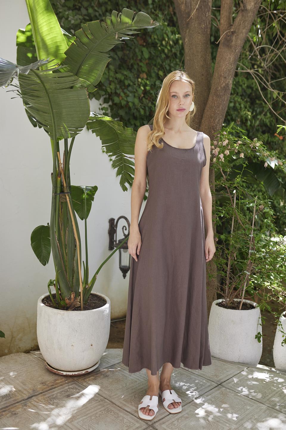 3325 ASKILI KETEN ELBİSE KAHVE