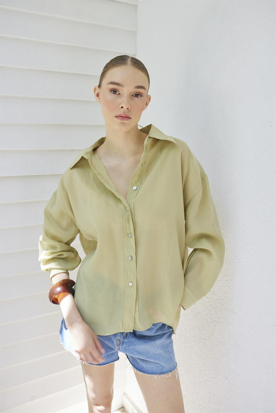 4924 OVERSIZE İPEKSİ GÖMLEK ADAÇAYI YEŞİL