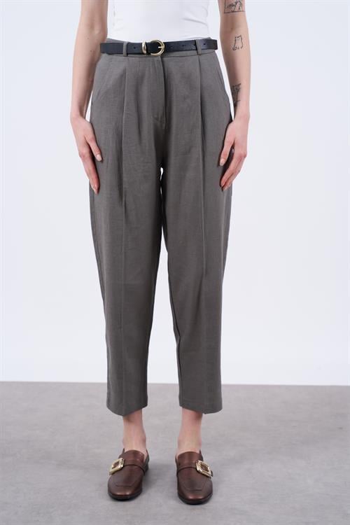 50985 KEMERLİ KETEN PANTOLON HAKİ