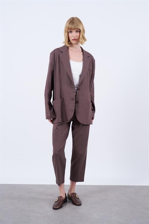 50985 KEMERLİ KETEN PANTOLON KAHVE