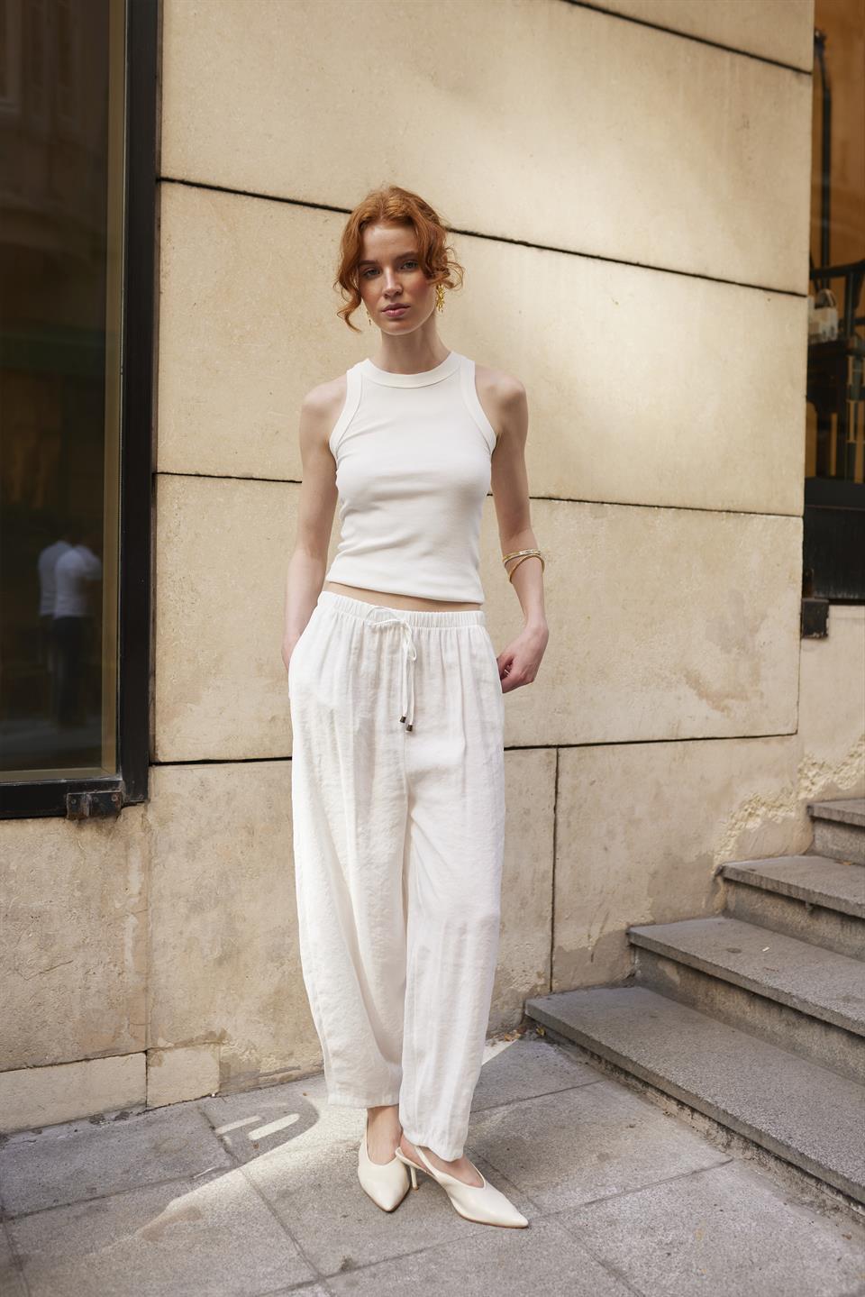 51106 BELİ LASTİKLİ PANTOLON BEYAZ