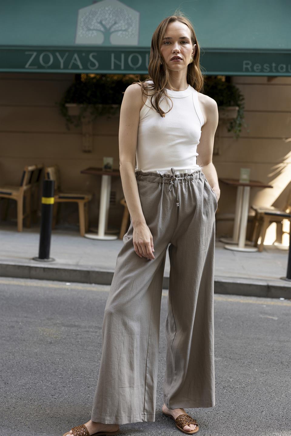 51176 KETEN PANTOLON VİZON