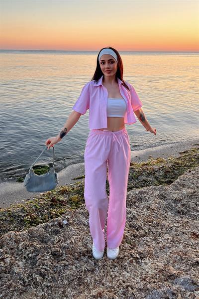 Çizgi Desenli İkili Takım Pembe