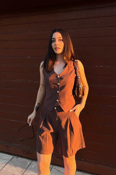 Keten Yelek Şort Takım Taba