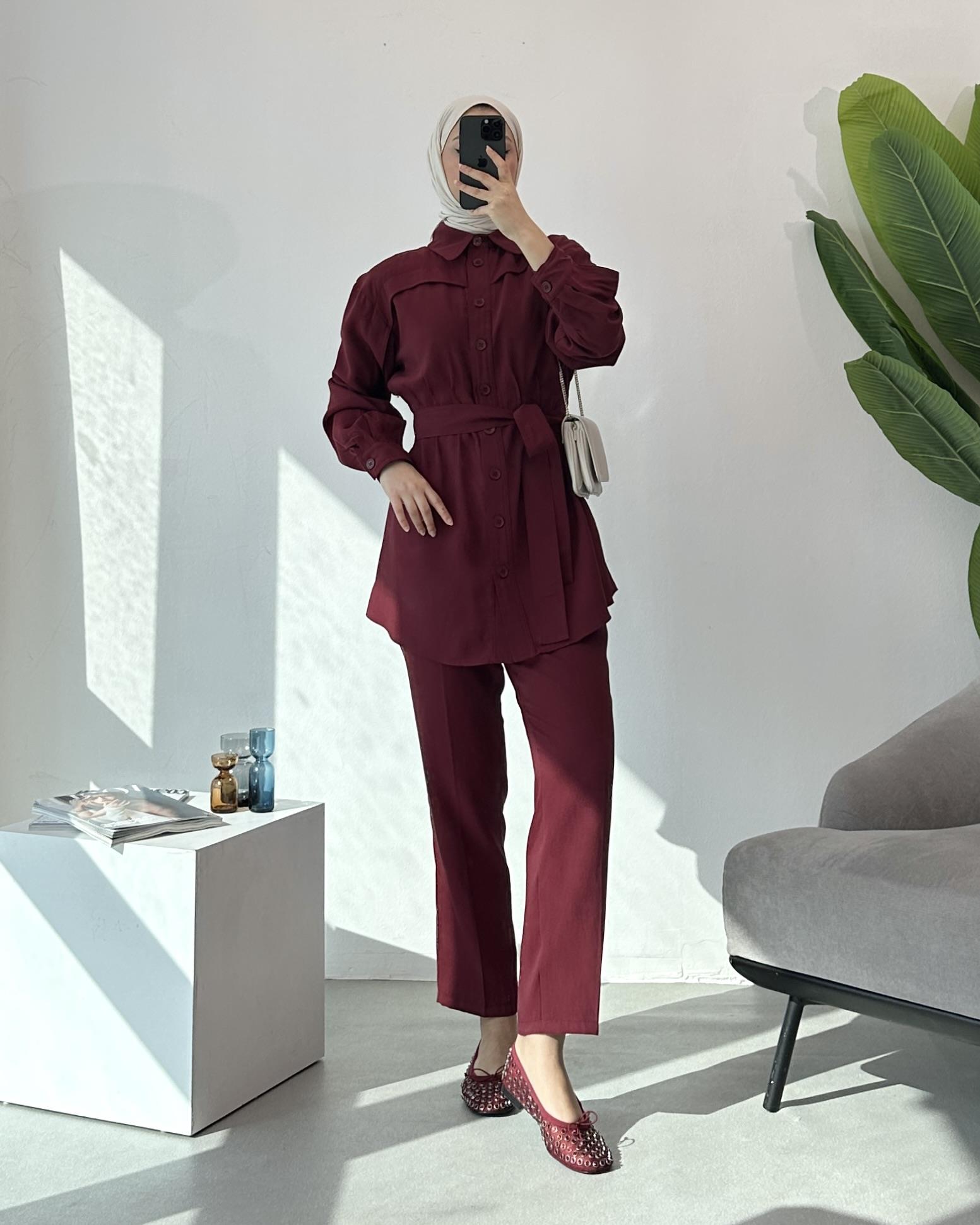 Kemerli Tunik Pantolon Bordo Takım