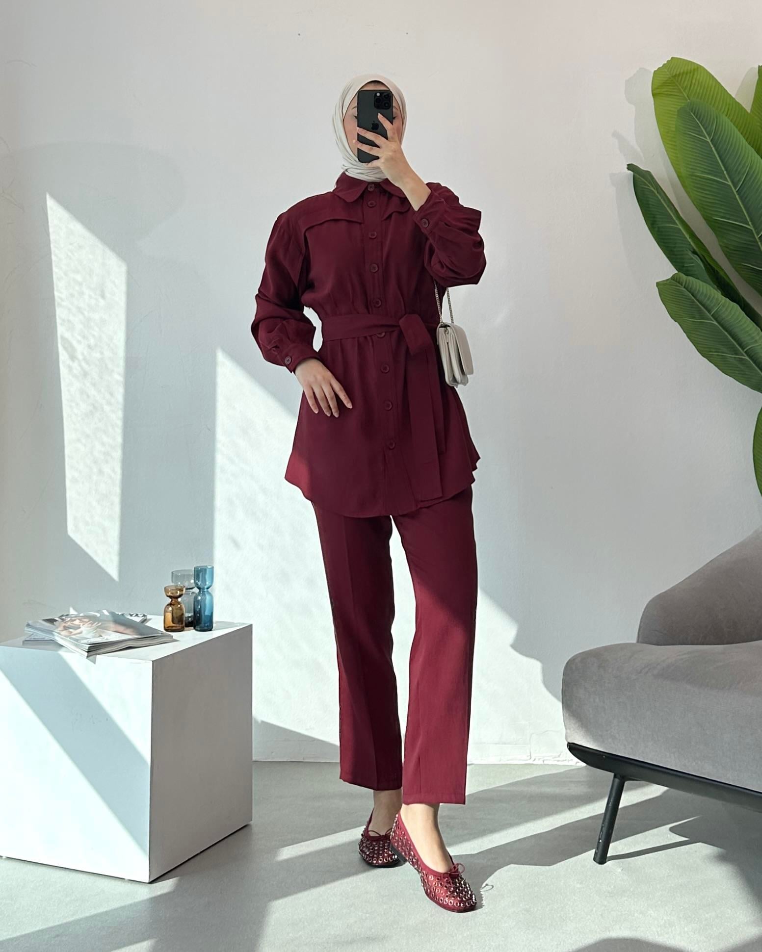 Kemerli Tunik Pantolon Bordo Takım
