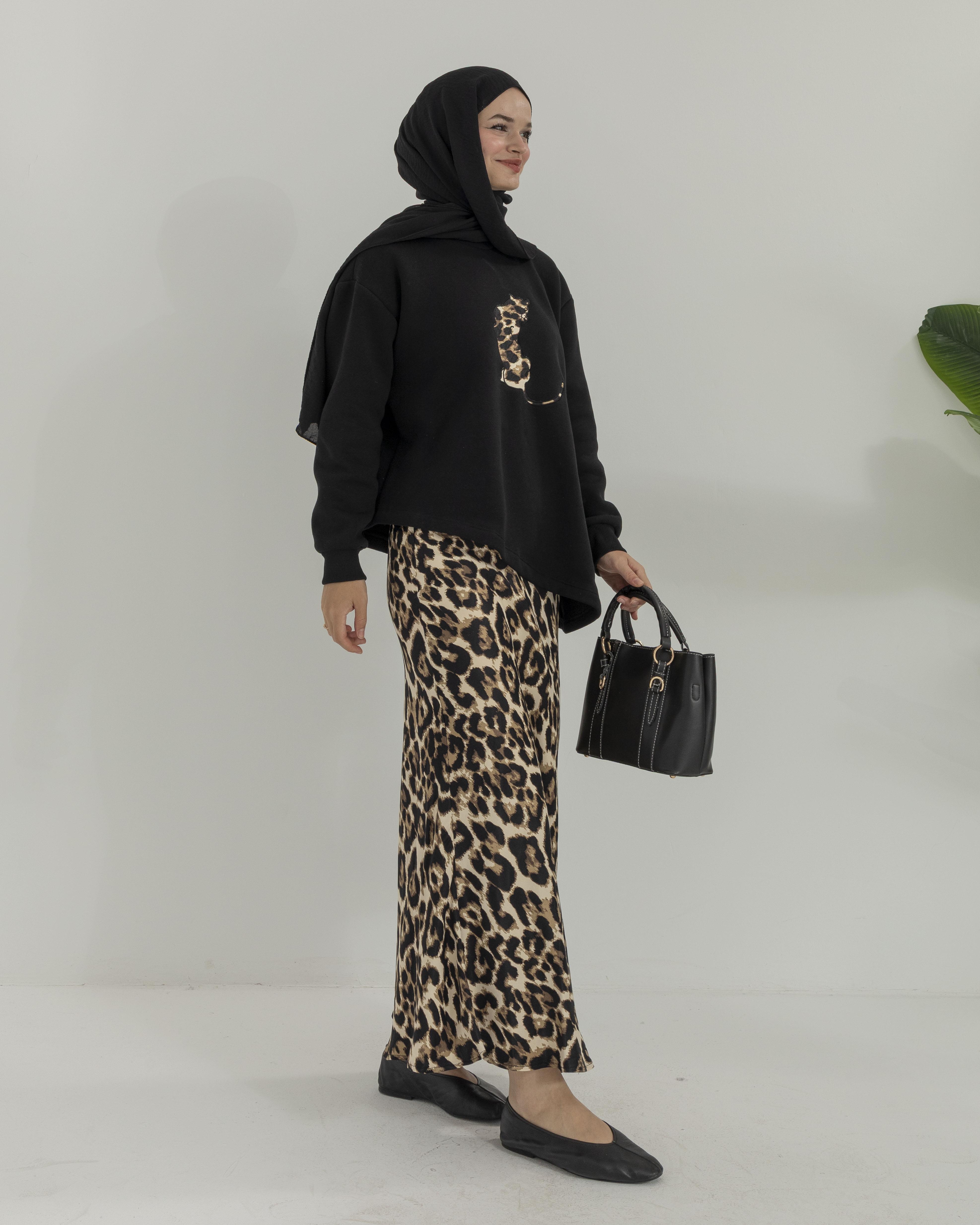 Leopar Desen Etekli Siyah Takım