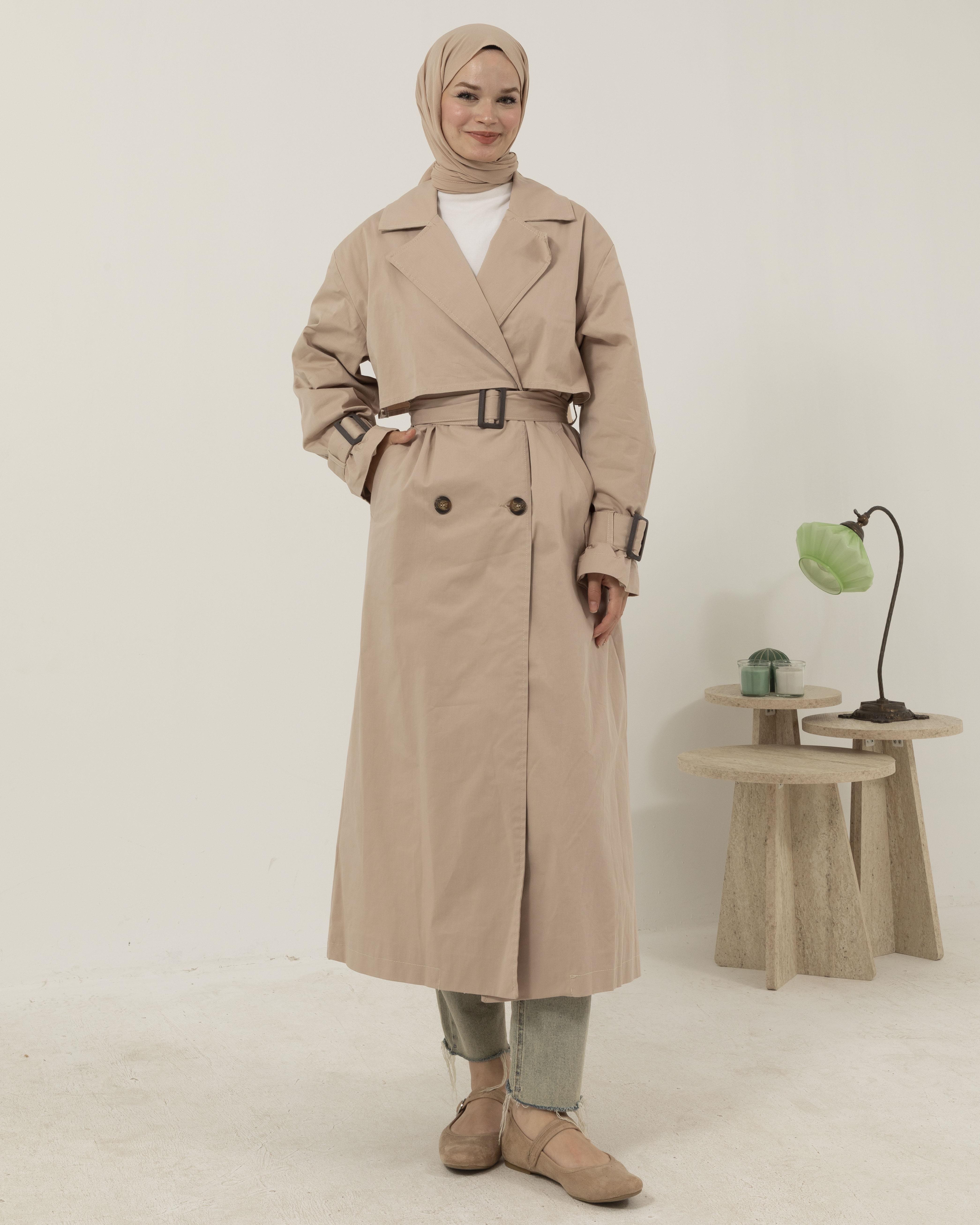 Oversize Kemeri Tokalı Krem Trençkot