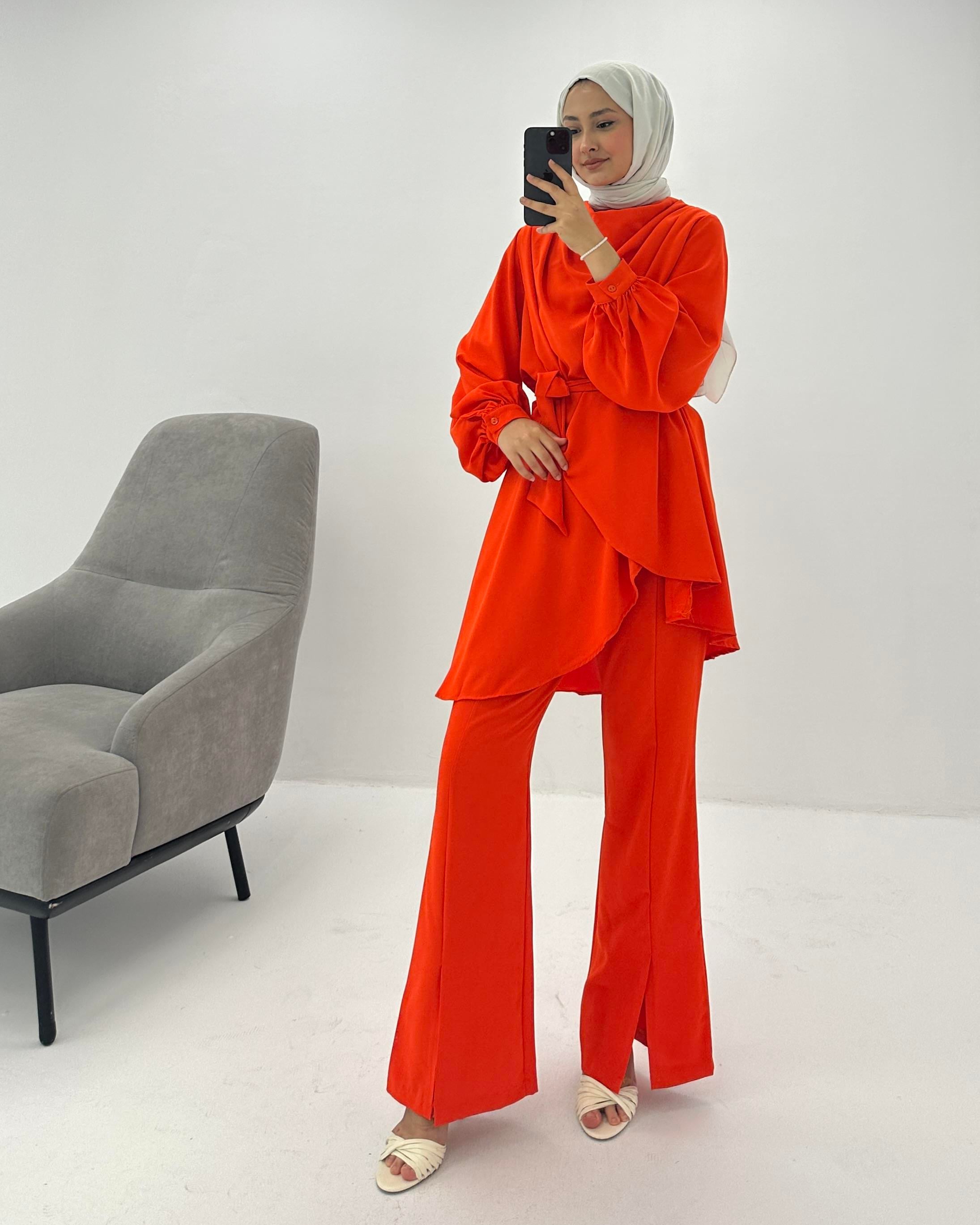 Tunik Pantolon Nar Çiçeği Krep Takım