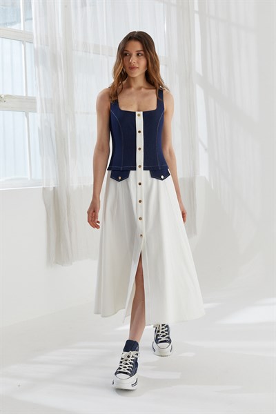 NAAR 32118 ELBİSE EKRU-LACİVERT