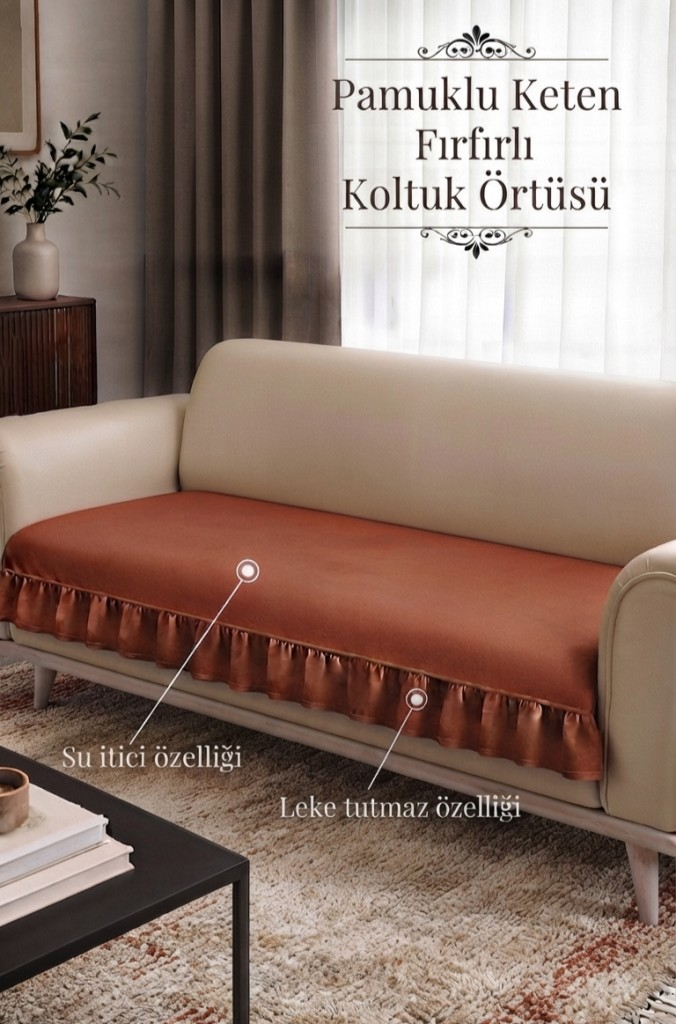 Lüx Fırfırlı koltuk örtüsü Bohem Pamuklu keten leke tutmaz su iticili Koltuk-Çekyat Örtüsü Kiremit