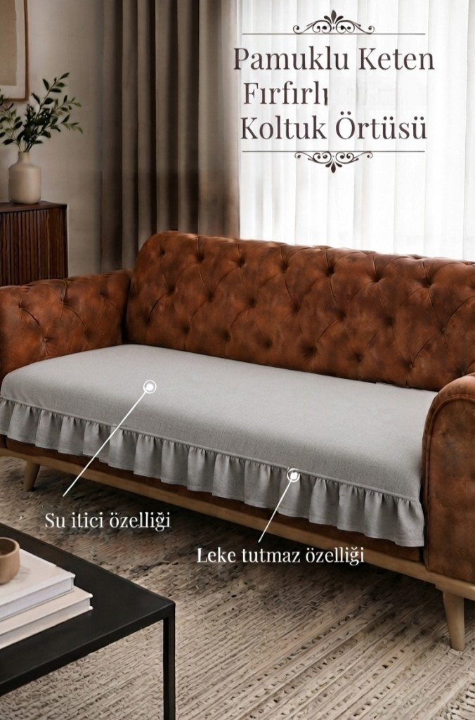 Lüx Fırfırlı koltuk örtüsü Bohem Pamuklu keten leke tutmaz su iticili Koltuk-Çekyat Örtüsü GRİ