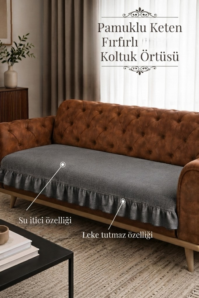 Lüx Fırfırlı koltuk örtüsü Bohem Pamuklu keten leke tutmaz su iticili Koltuk-Çekyat Örtüsü ANTRASİT