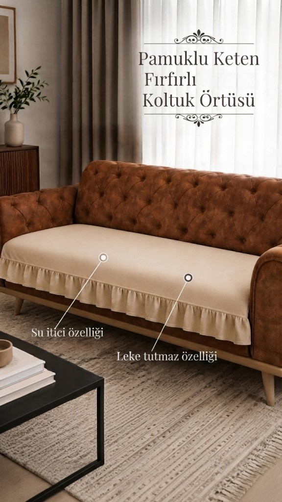 Lüx Fırfırlı koltuk örtüsü Bohem Pamuklu keten leke tutmaz su iticili Koltuk-Çekyat Örtüsü BEJ