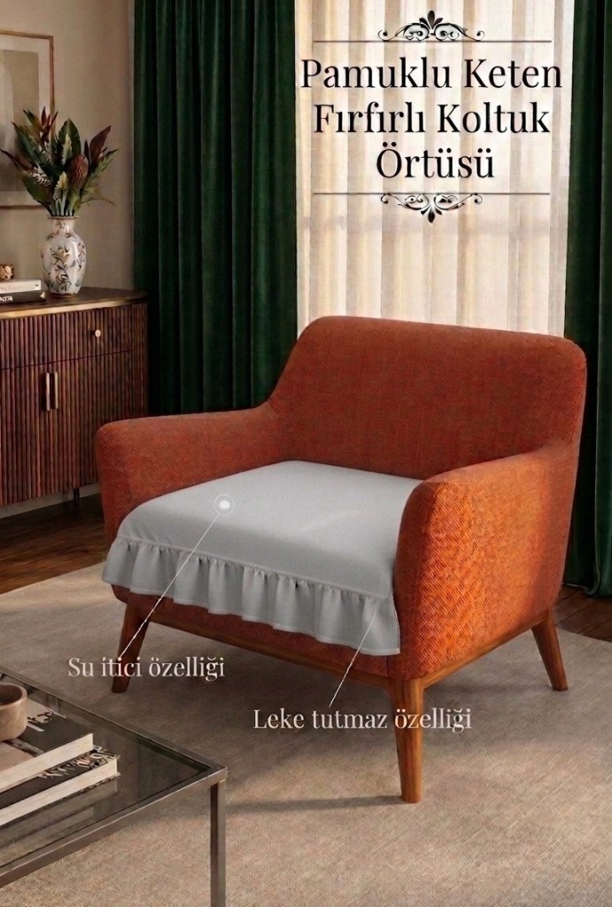 Lüx Fırfırlı Tekli koltuk örtüsü Bohem Pamuklu keten leke tutmaz su iticili GRİ 