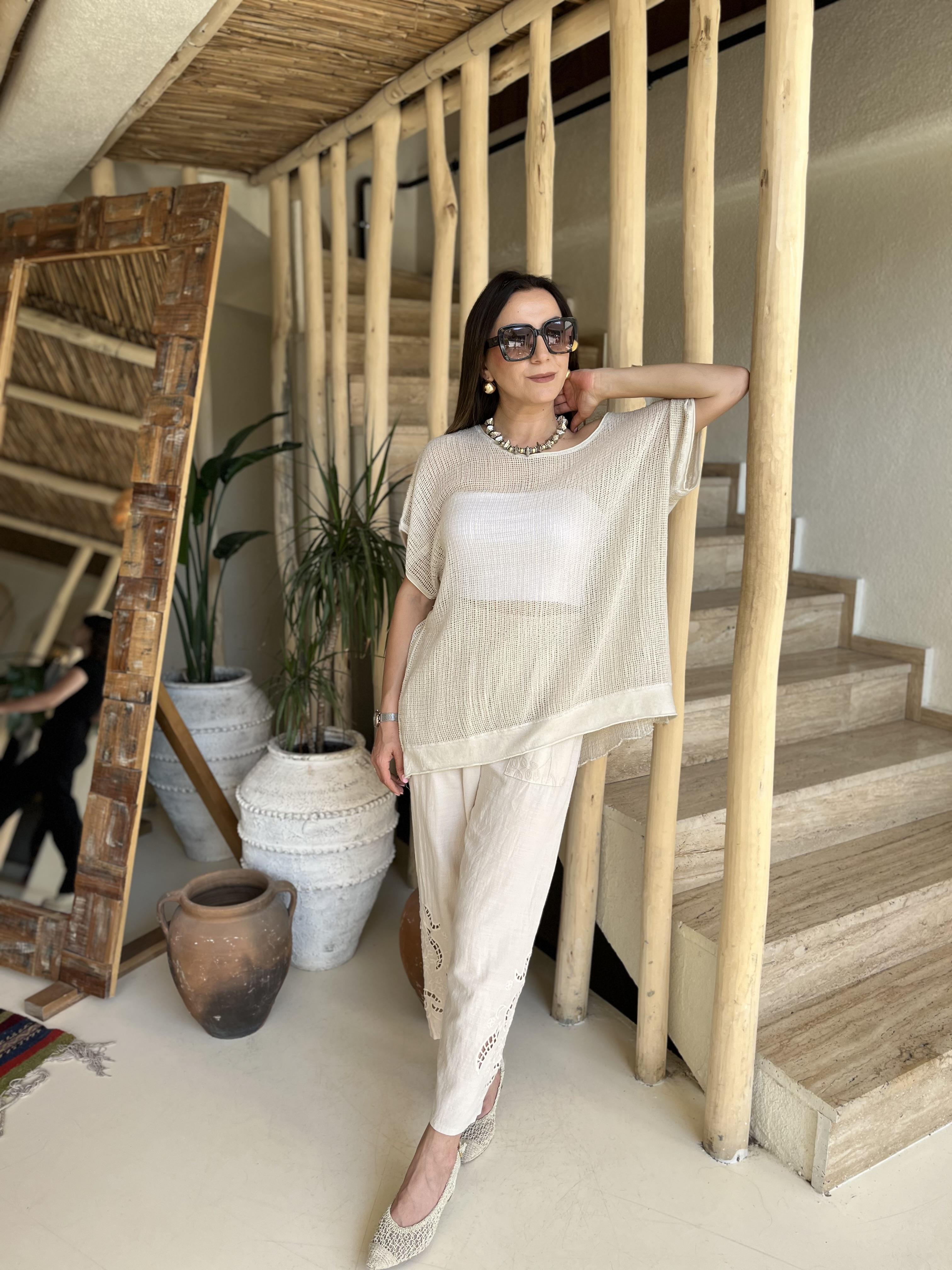 Nakışlı keten pantolon-242