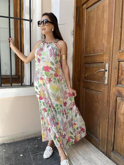 Çiçek desen şifon elbise pembe çiçek-254