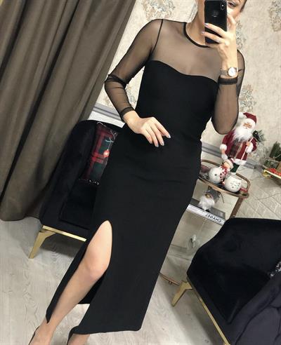 Omuz tül detay ottomon elbise-160