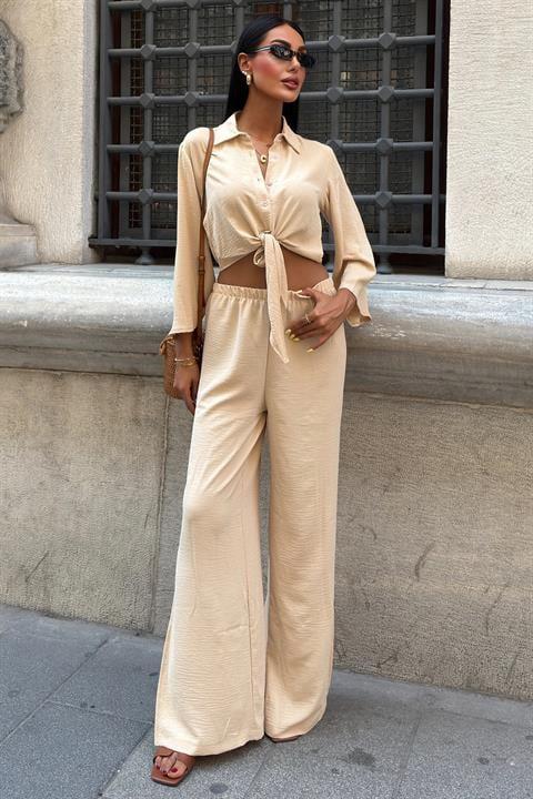 Bağlamalı Gömlek ve Yırtmaç Pantolonlu Ayrobin Takım 10179