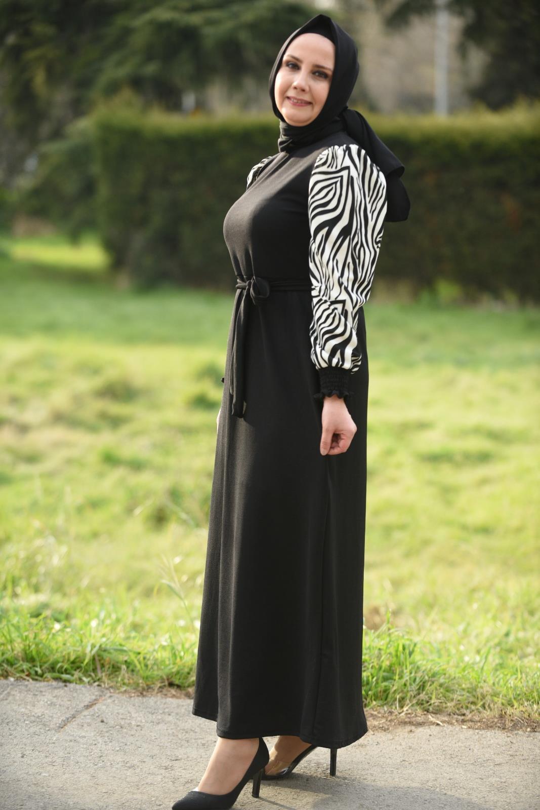 Kolları Zebra Scuba Krep Kumaş Elbise