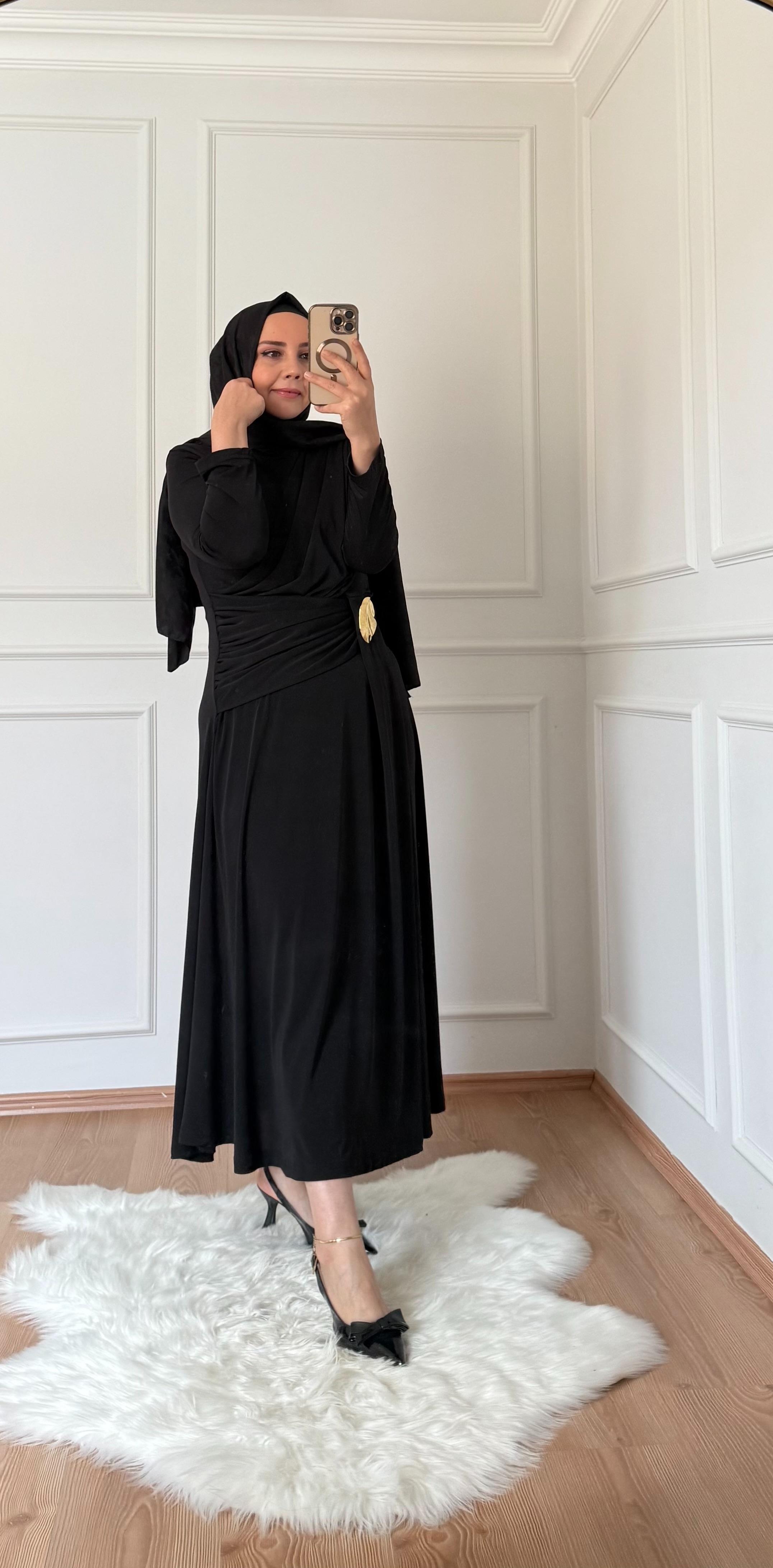 DRAPE DETAYLI ELBİSE SİYAH