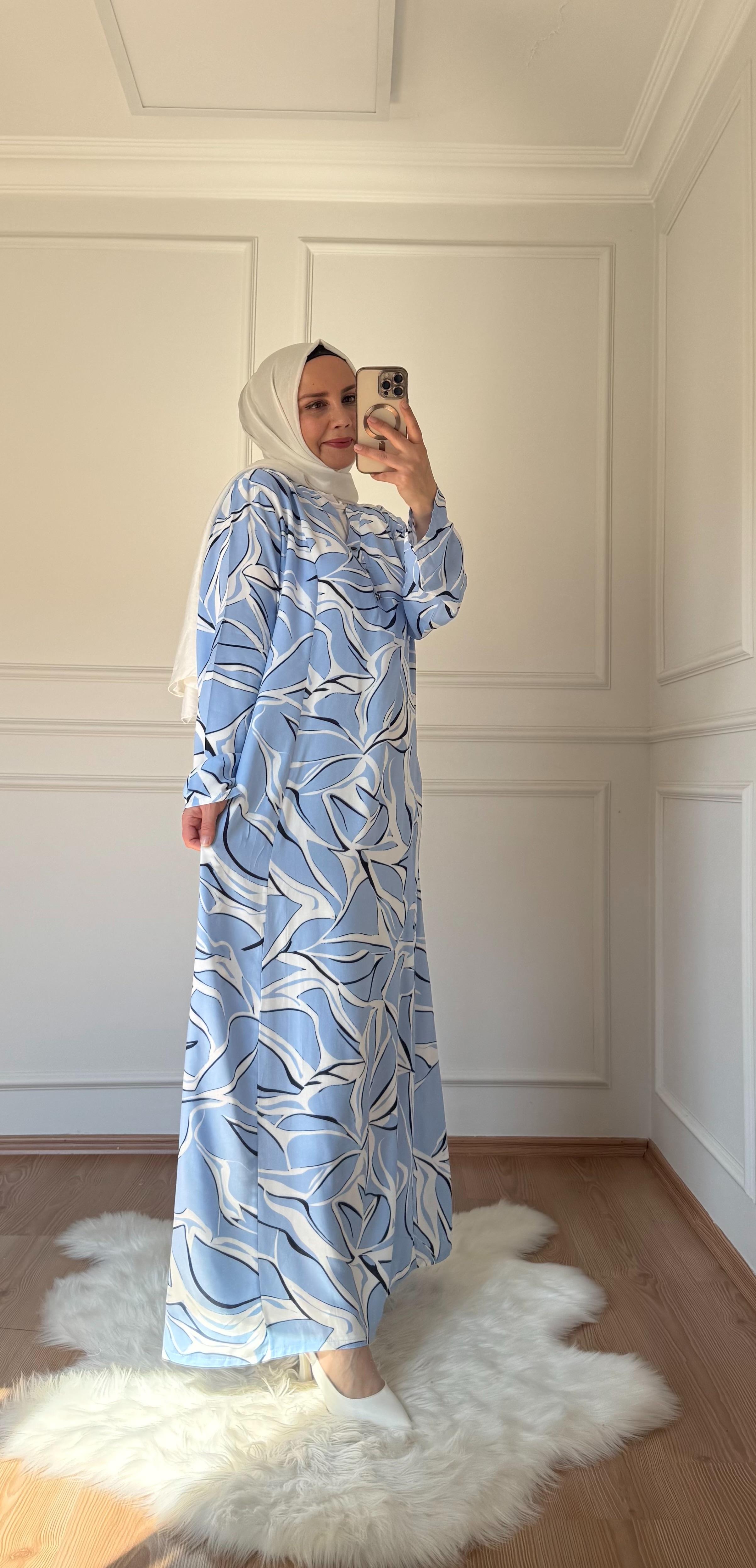 DÜĞMELİ PAMUK VİSKON MAVİ ELBİSE