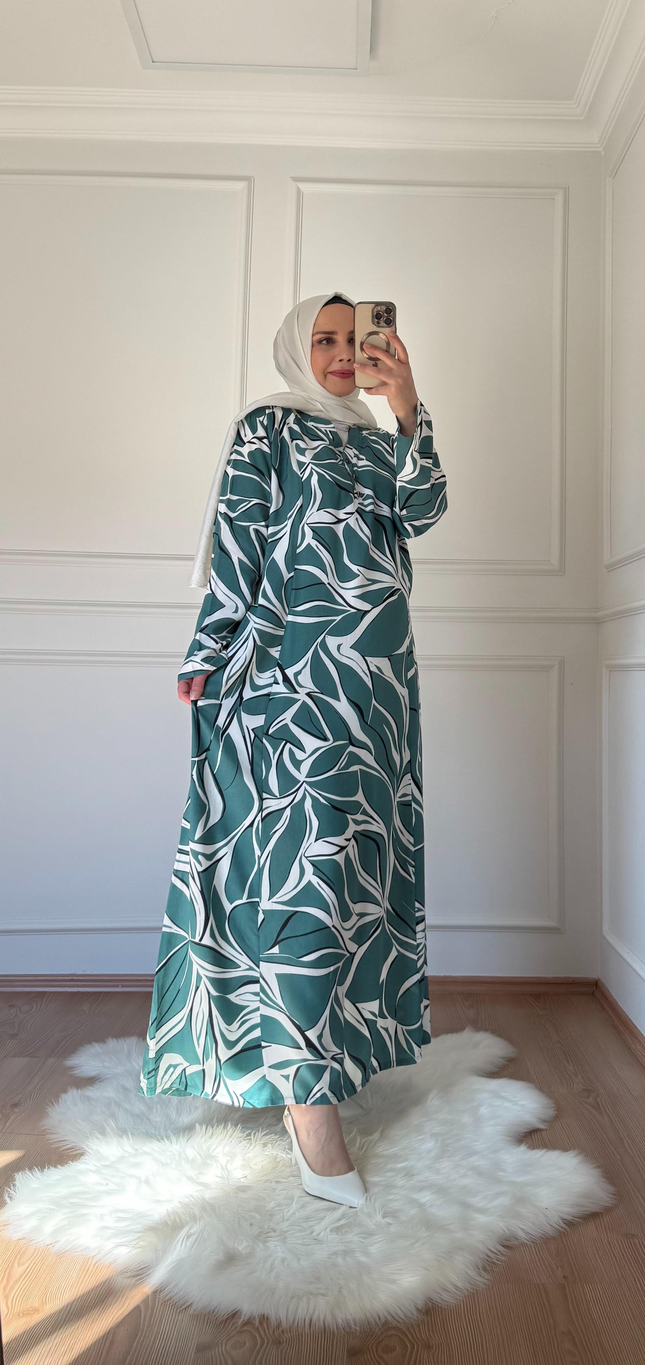 DÜĞMELİ PAMUK VİSKONYEŞİL ELBİSE