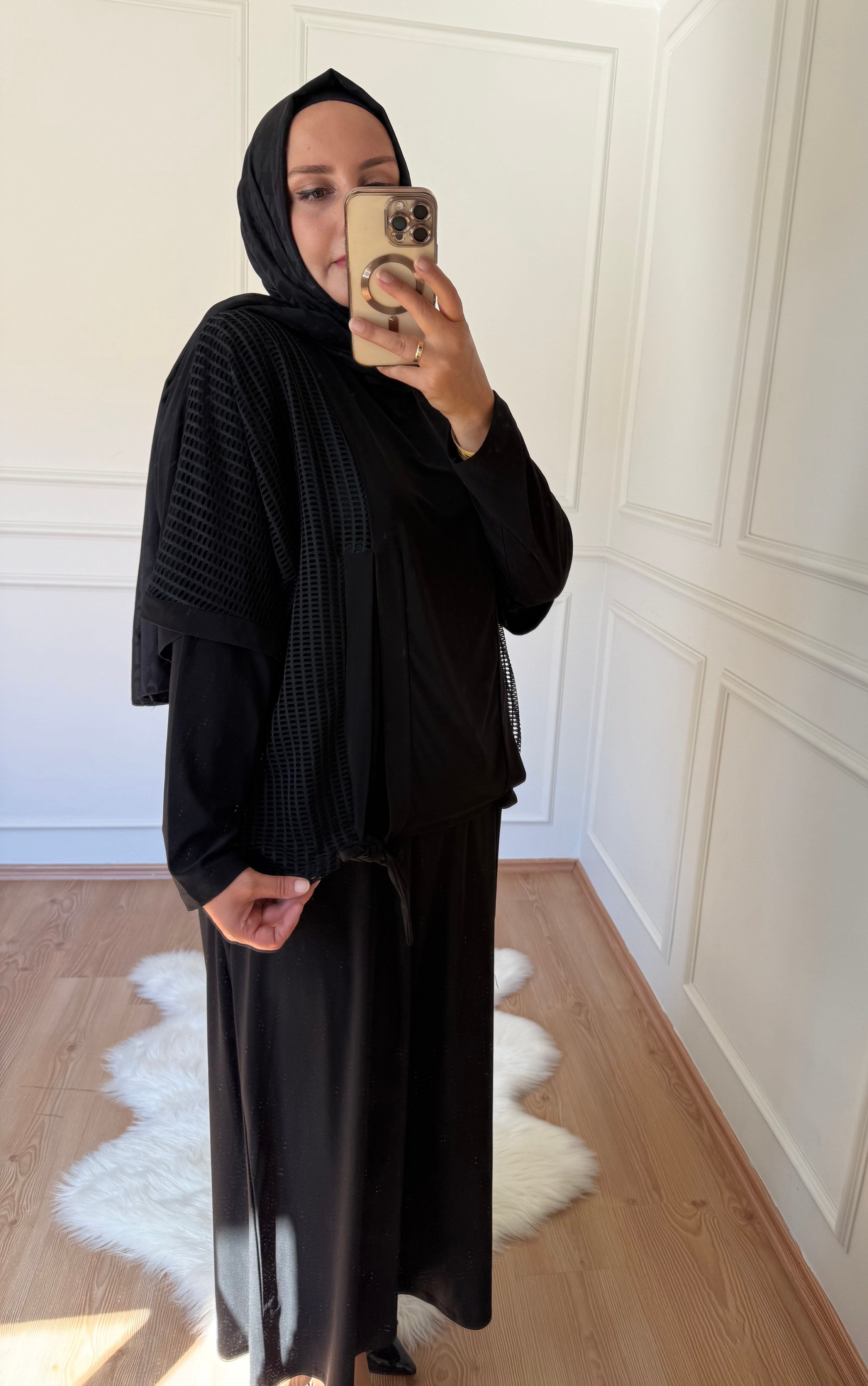 FİLE BLUZ DETAYLI ELBİSE SİYAH