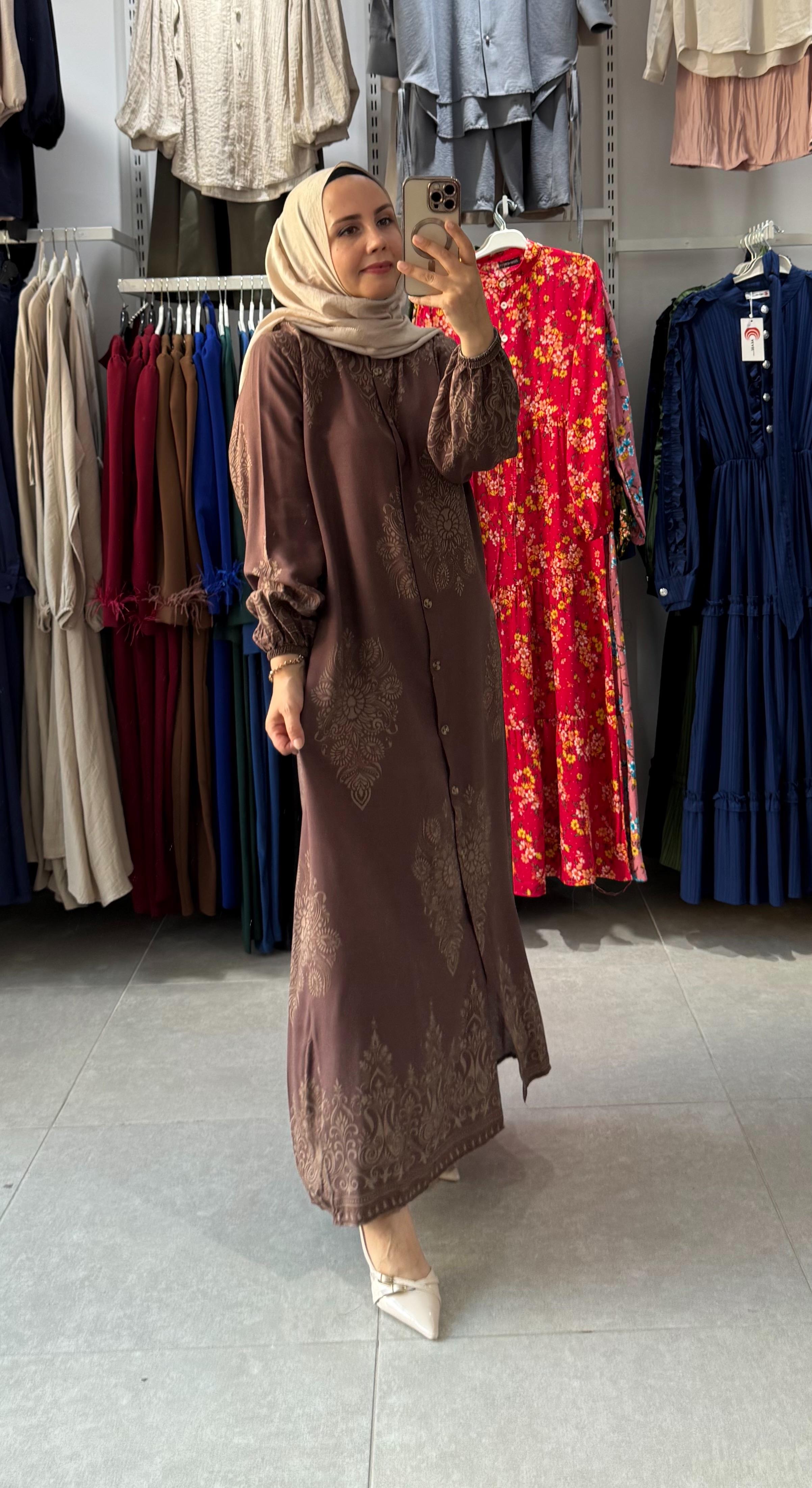 MOTİF DESEN GÖMLEK ELBİSE KAHVERENGİ