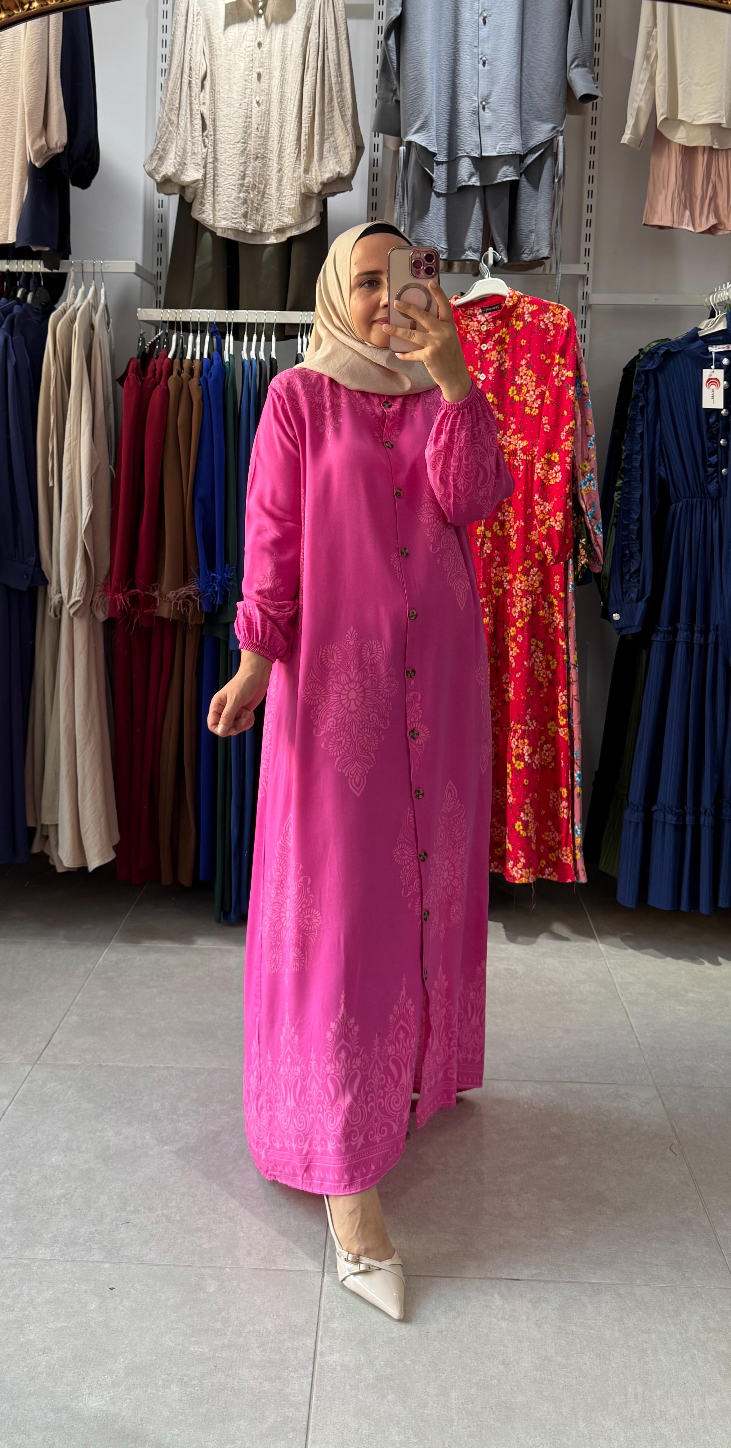 MOTİF DESEN GÖMLEK ELBİSE PEMBE