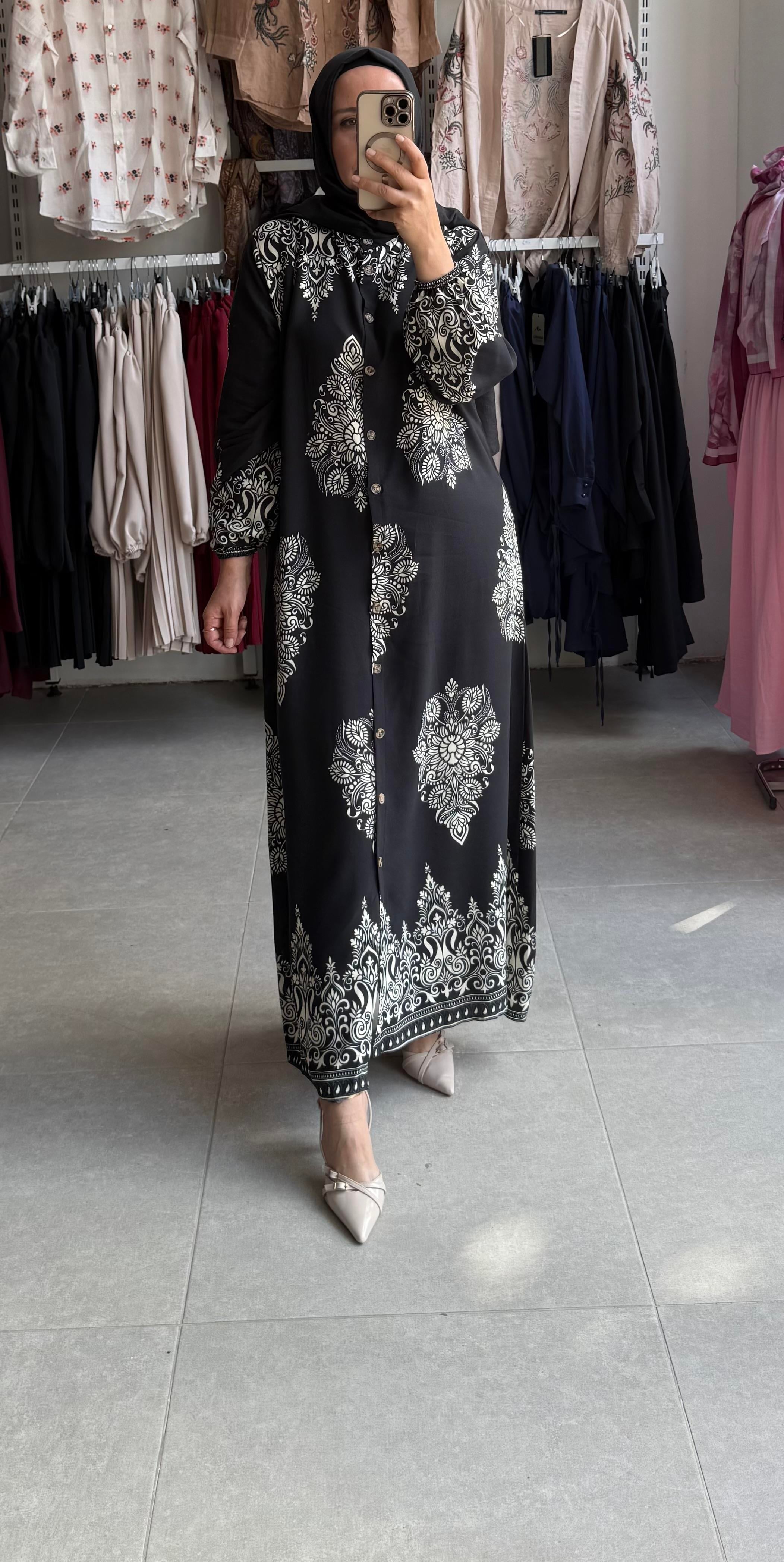 MOTİF DESEN GÖMLEK ELBİSE SİYAH