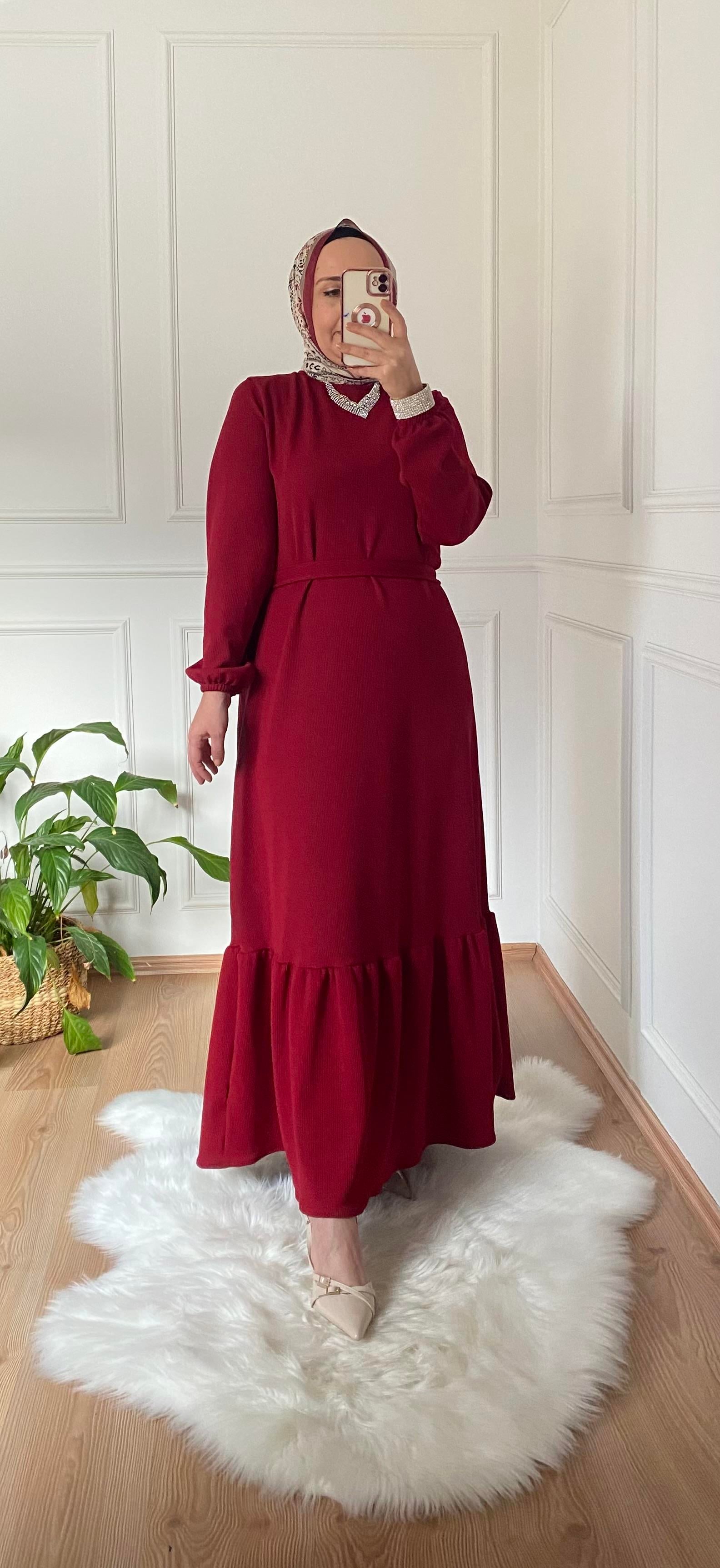 TESETTÜR BURGU KUMAŞ ELBİSE BORDO