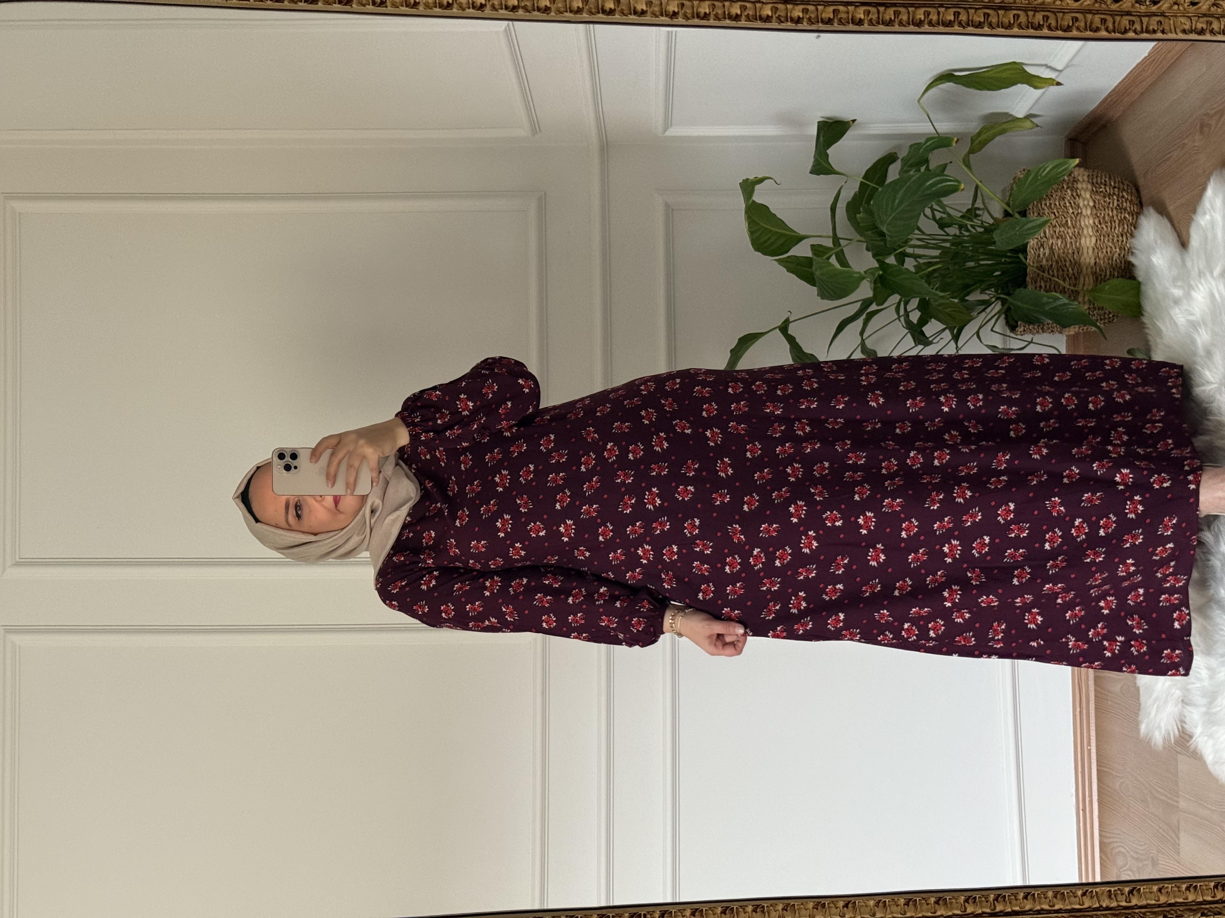 TESETTÜR ÇİÇEK DESEN ELBİSE BORDO