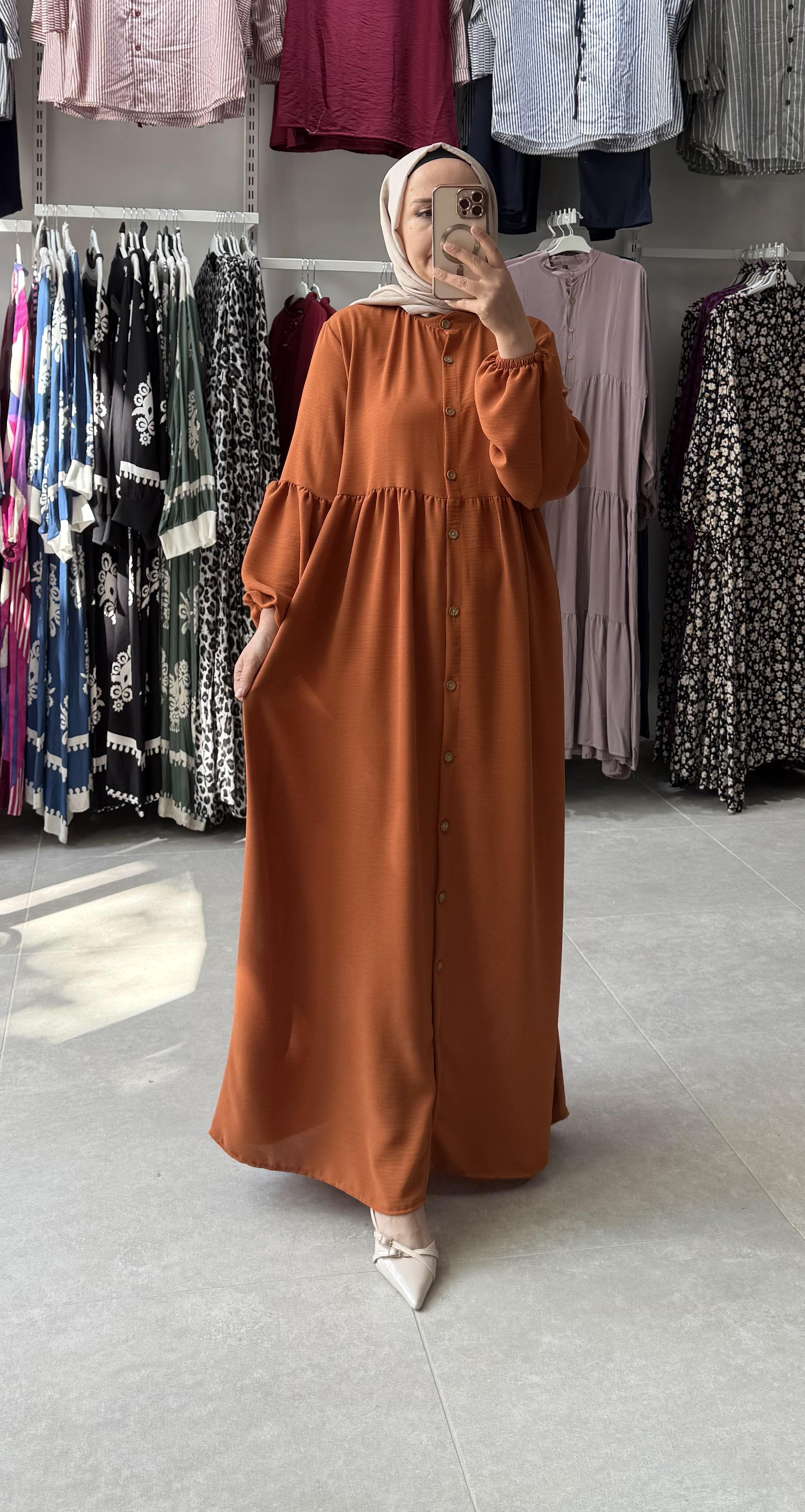 TESETTÜR TAM BOY DÜĞMELİ ELBİSE TURUNCU