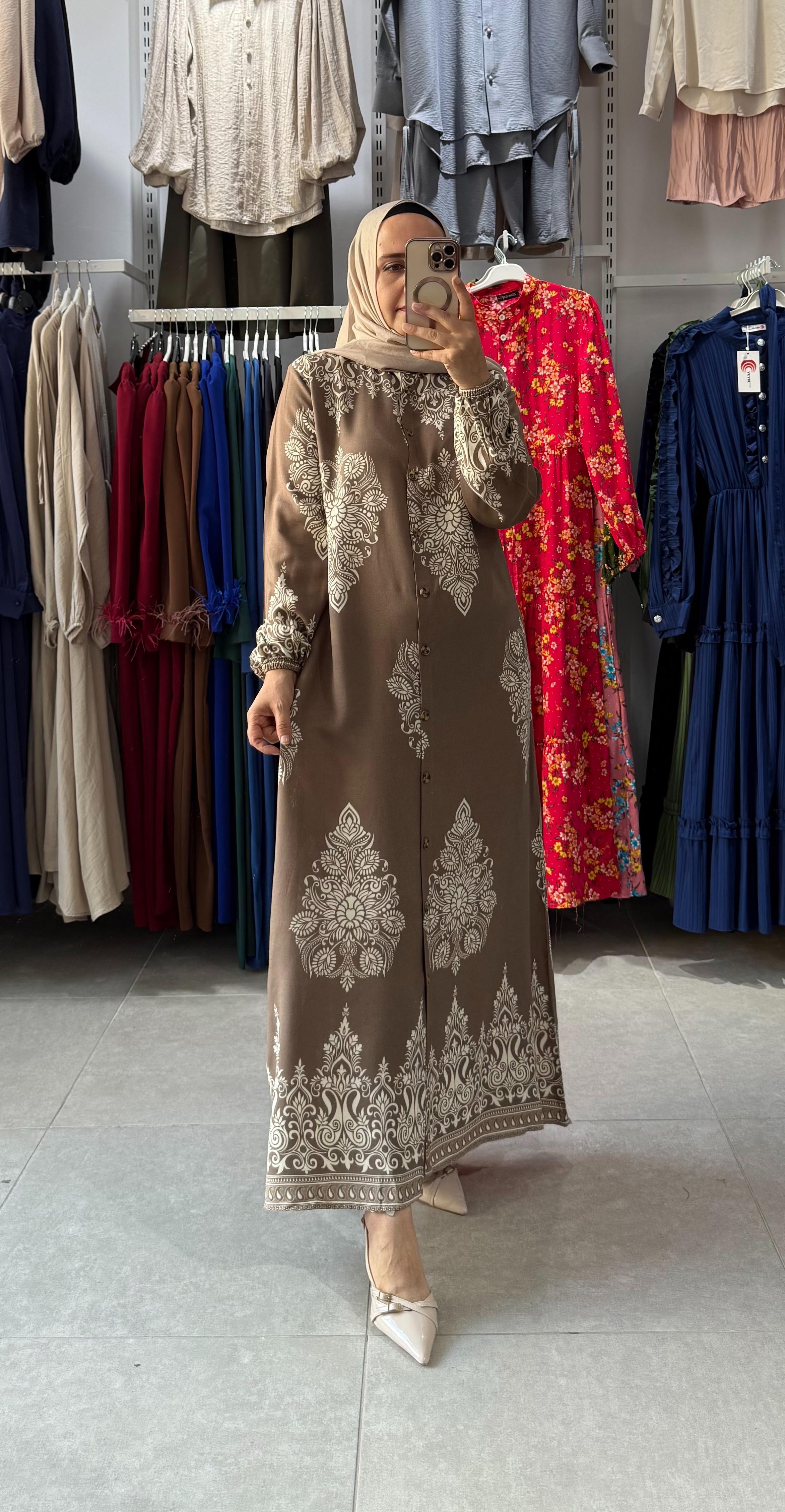 MOTİF DESEN GÖMLEK ELBİSE VİZON