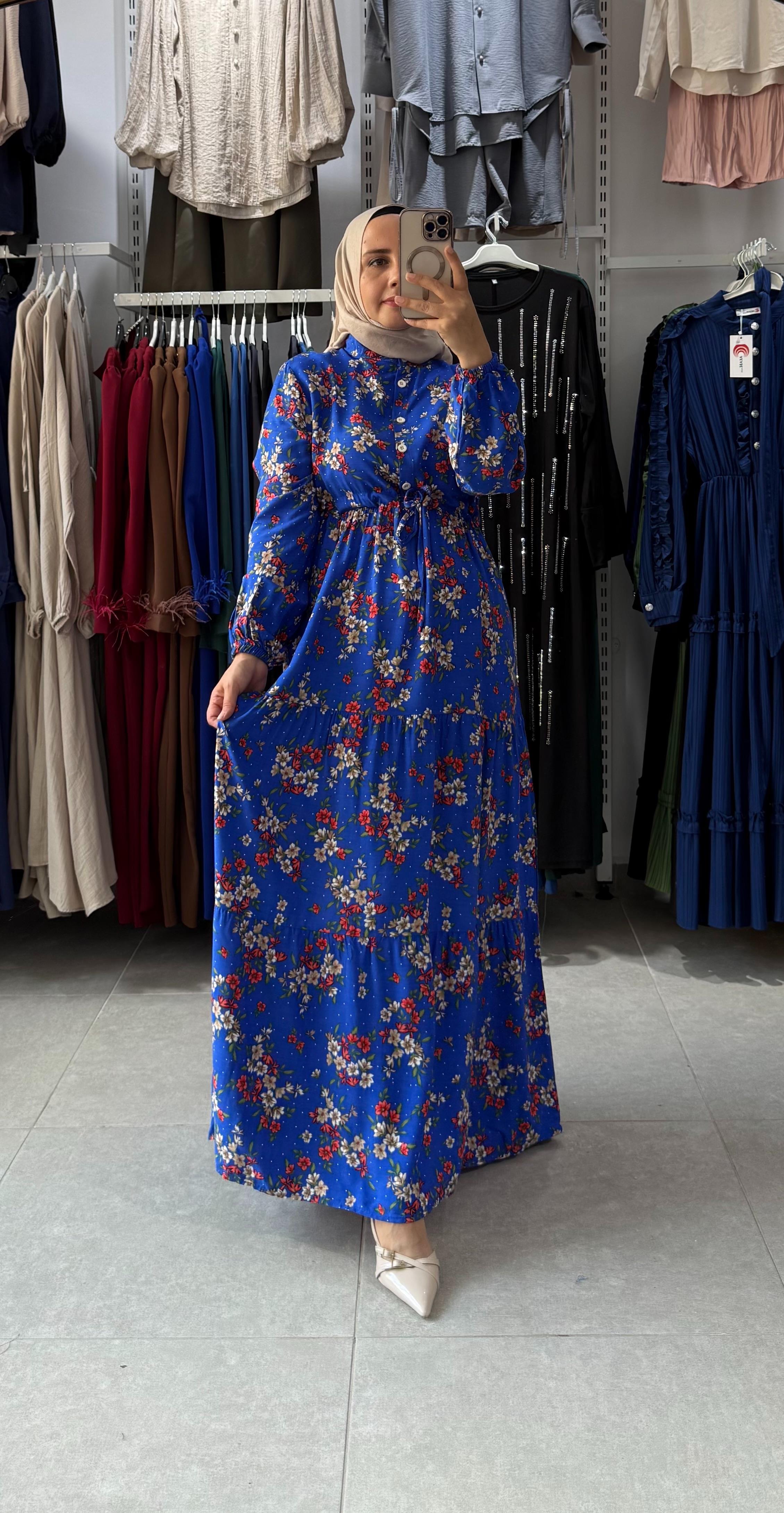 TESETTÜR BÜZGÜ MODEL ELBİSE MAVİ