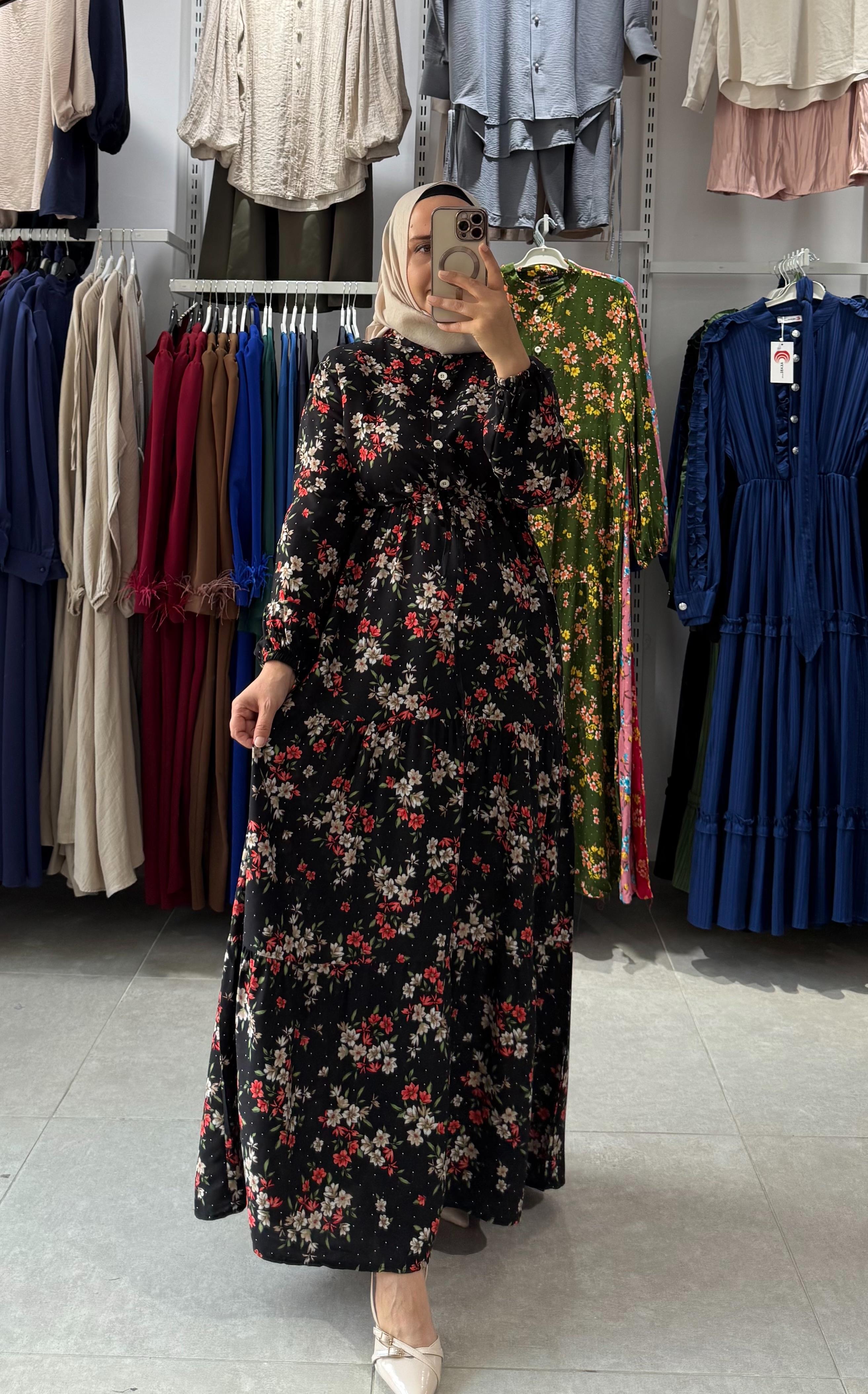 TESETTÜR BÜZGÜ MODEL ELBİSE SİYAH