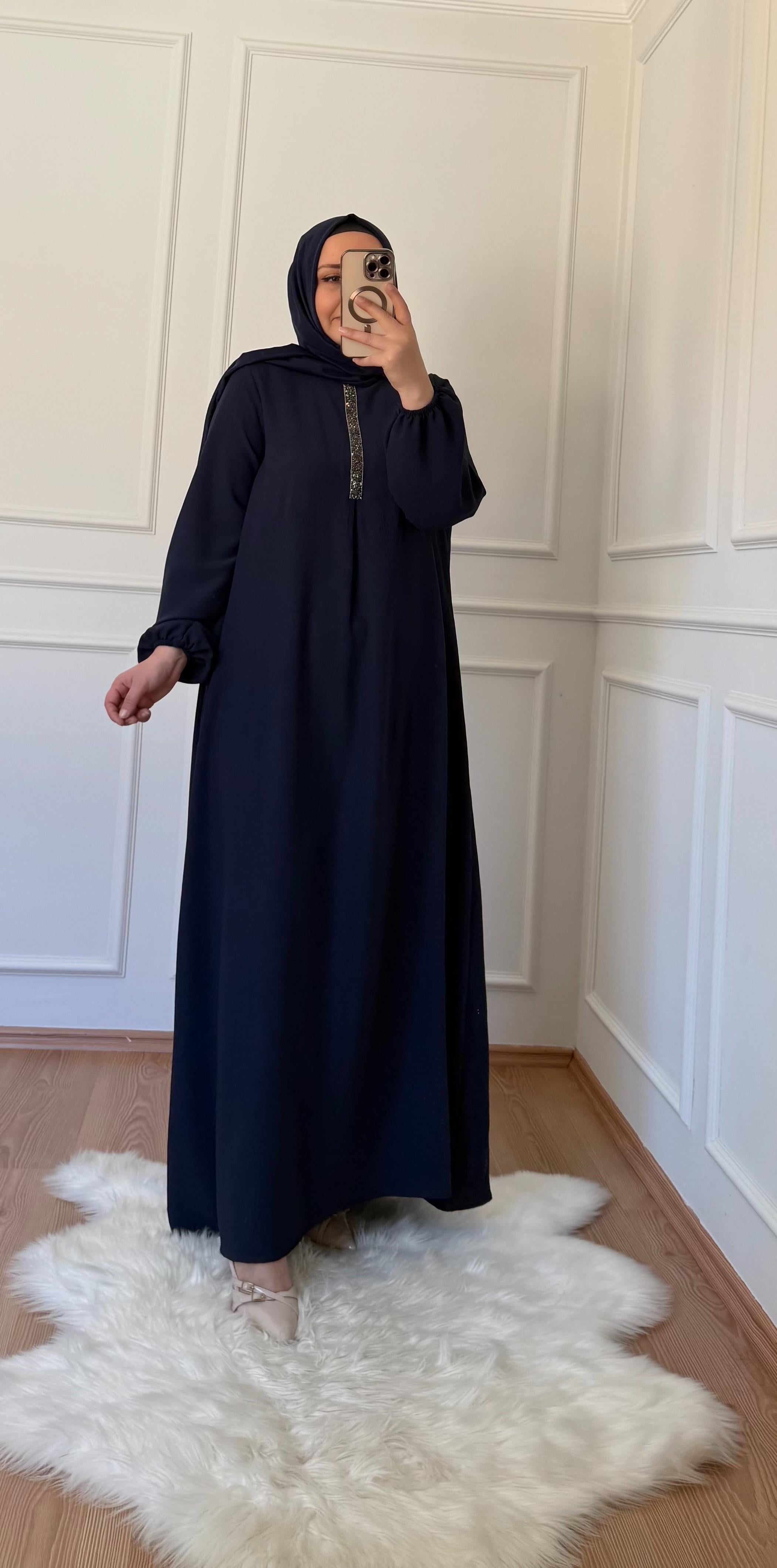 YAKA TAŞLI ELBİSE LACİVERT