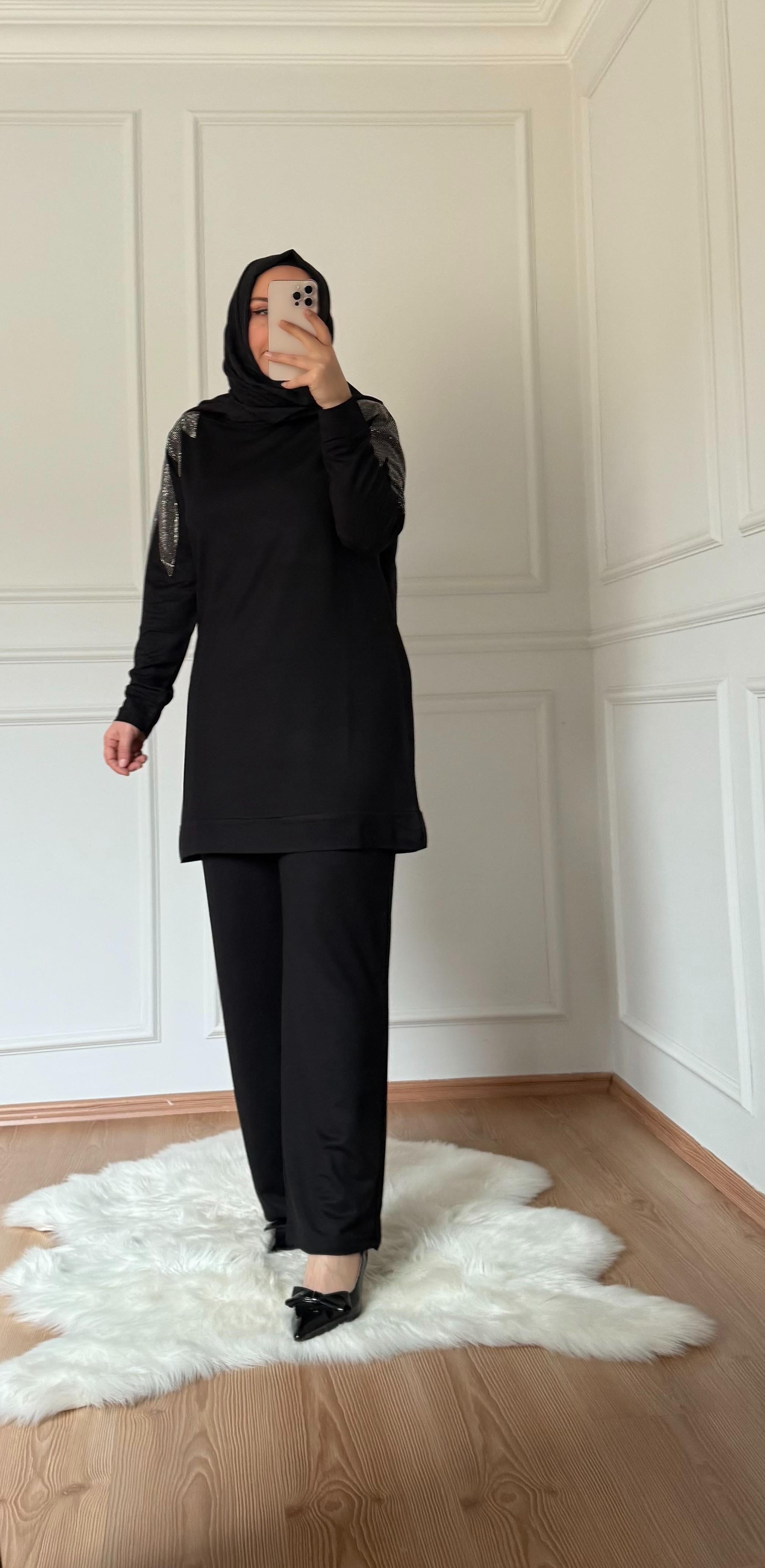   TAŞ DETAYLI PANTOLONLU TAKIM SİYAH