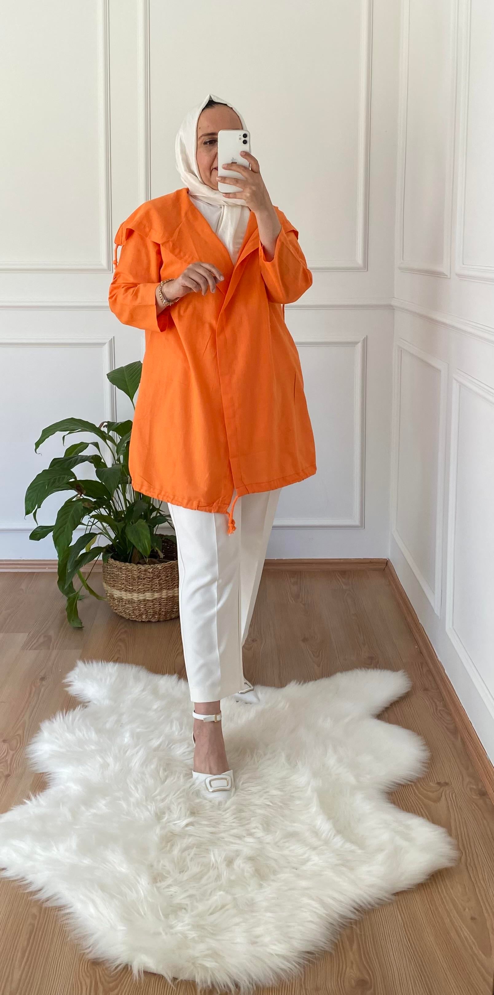 BASKI DESENLİ KETEN KAP TURUNCU