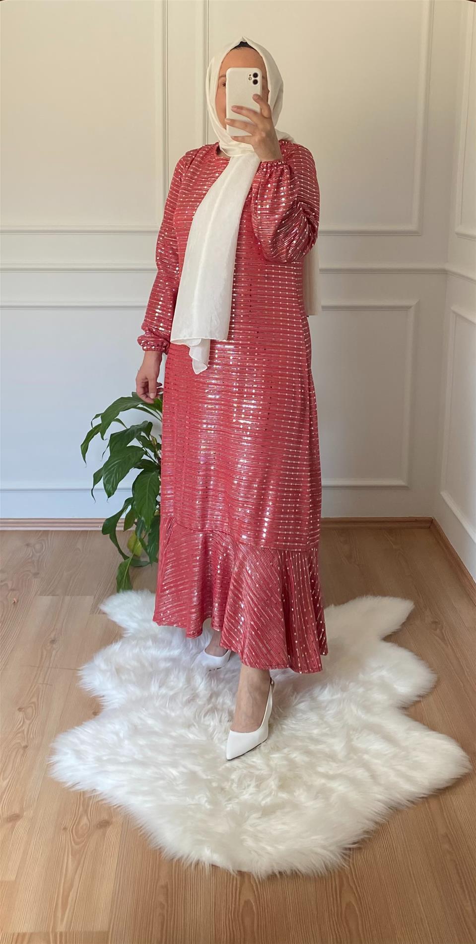 PUL PAYET ELBİSE KIRMIZI