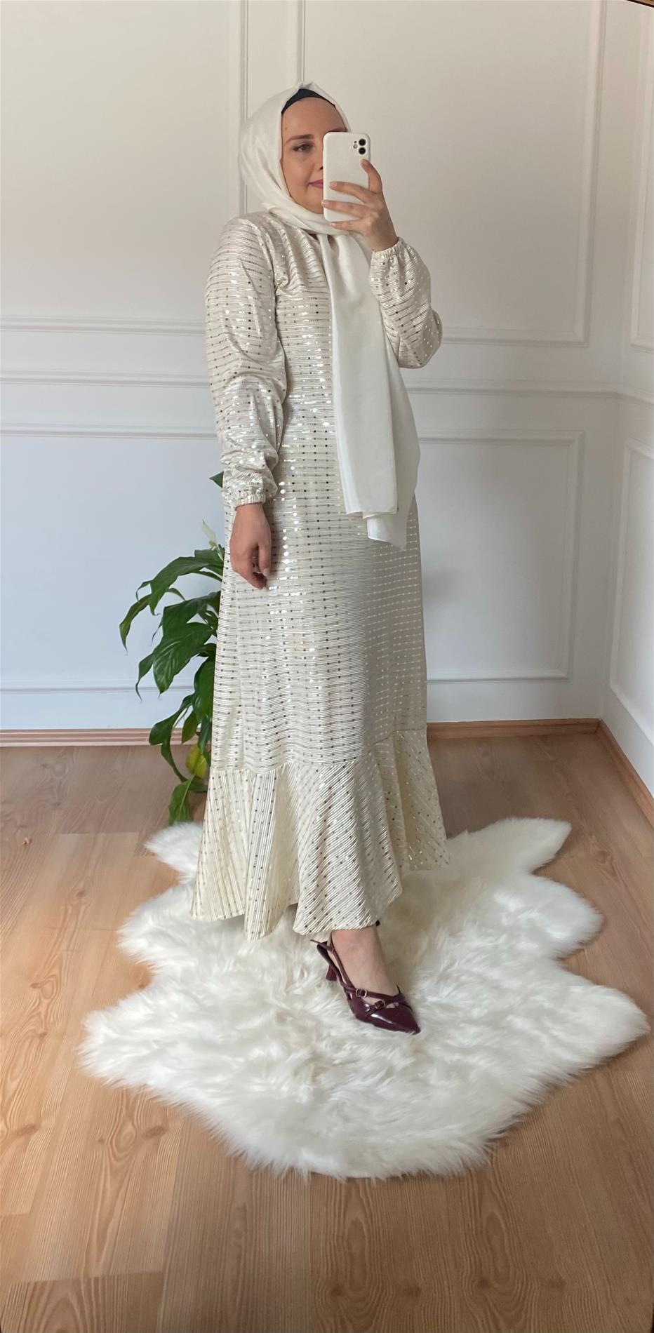 PUL PAYET ELBİSE KREM