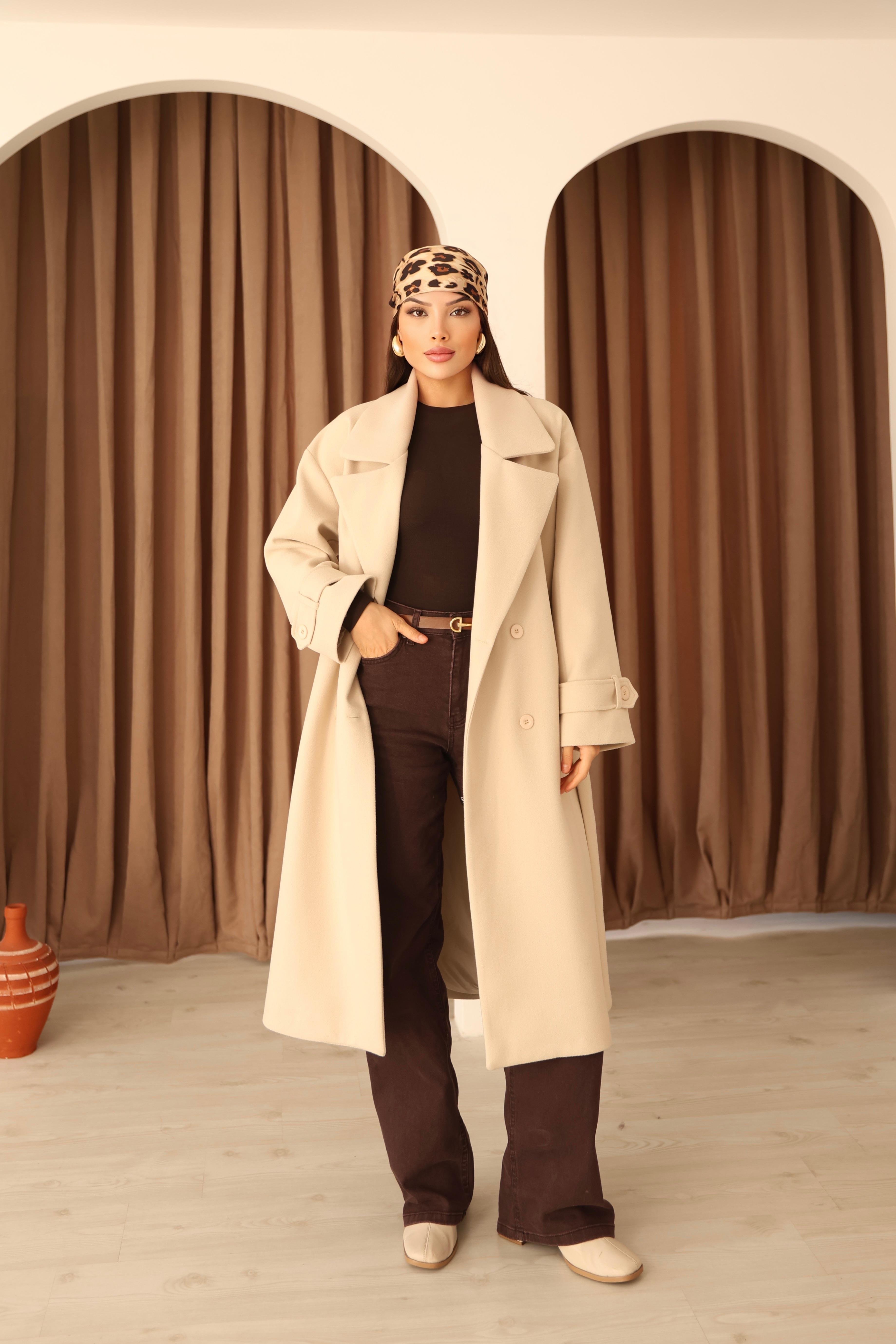 Kadın Taş Kruvaze Oversize Kuşaklı Uzun Kaşe Kaban