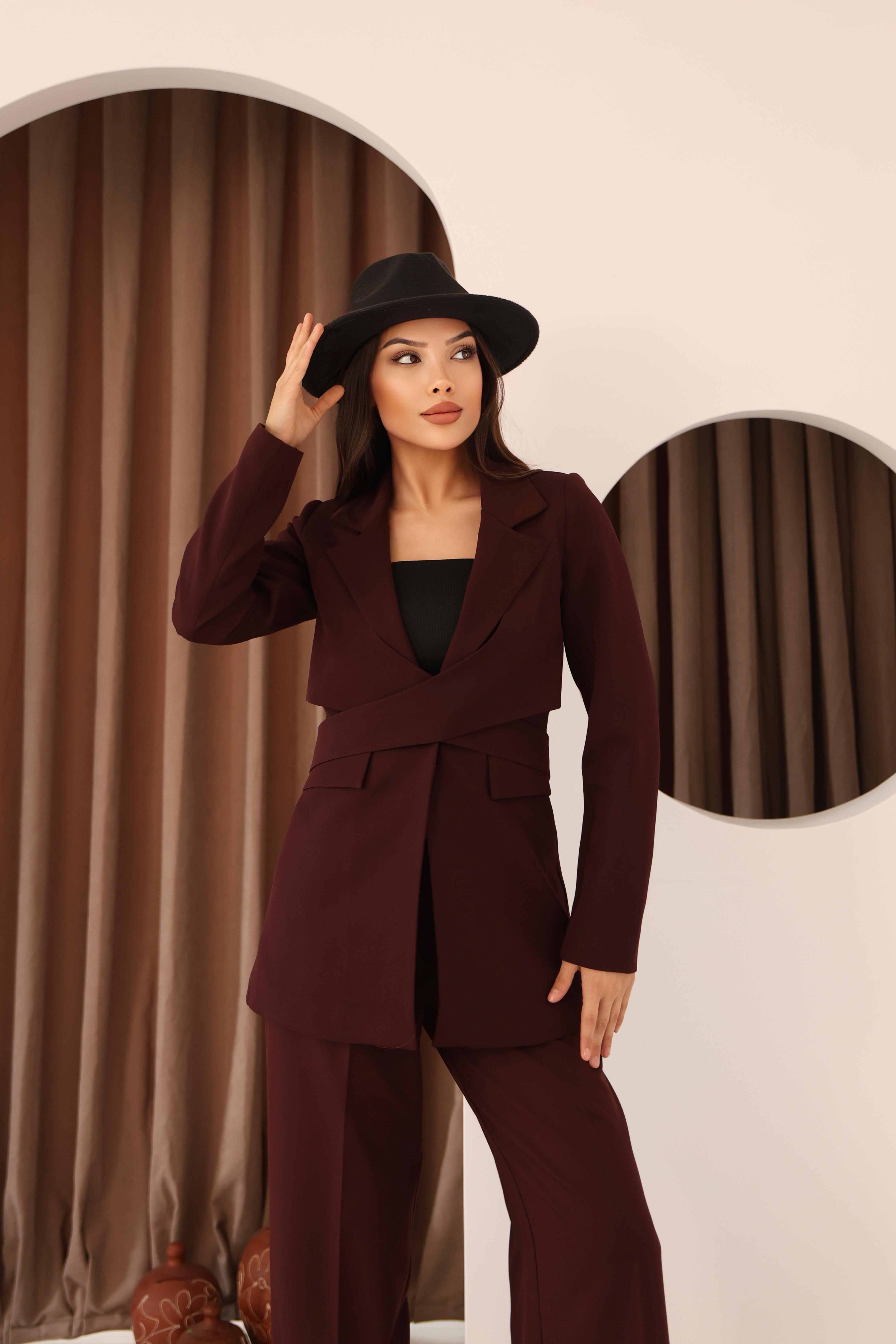 Kadın Bordo Önden Çapraz Kuşaklı Blazer Ceket Pantolon Takım